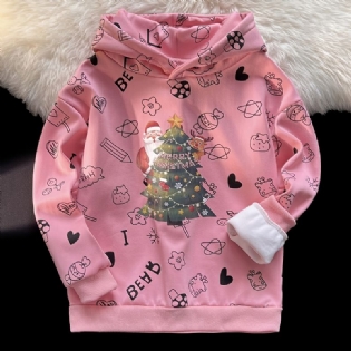 Pige Juletøj Hættetrøje Juletræstryk Langærmet Plys Varm Trøje Sweatshirt Børnetøj
