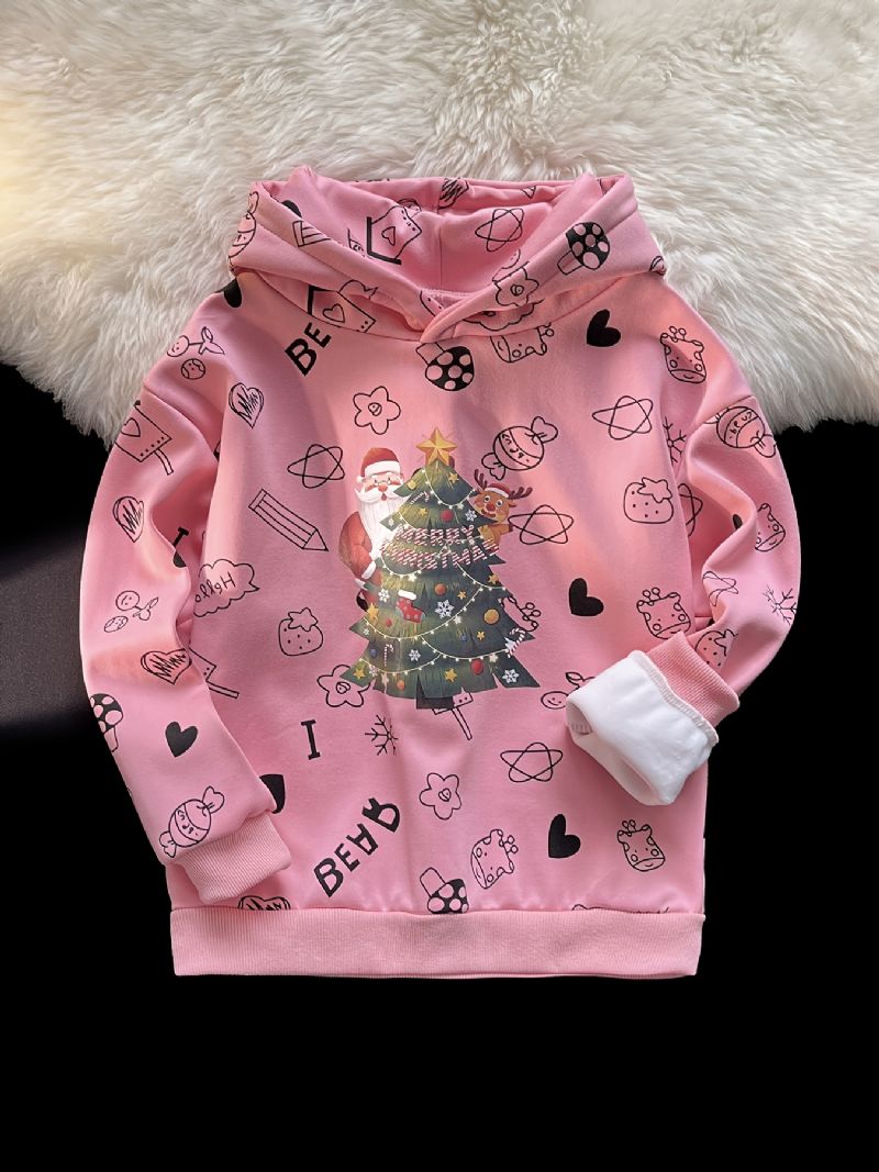 Pige Juletøj Hættetrøje Juletræstryk Langærmet Plys Varm Trøje Sweatshirt Børnetøj
