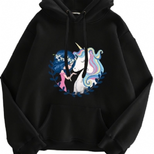 Pige & Unicorn Print Hættetrøje Fleece Pullover Snøre Kængurulomme Aktiv Dametøj