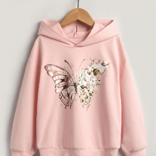 Piger Casual Butterfly Print Pink Langærmet Rund Hals Hættetrøje Tøj
