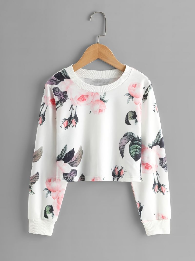 Piger Casual Langærmet Pullover Toppe Letvægts Sweatshirt Med Blomsterprint