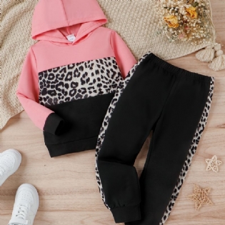 Piger Color Block Casual Hættetrøje + Matchende Joggingbukser Med Leopardprint Børnetøj