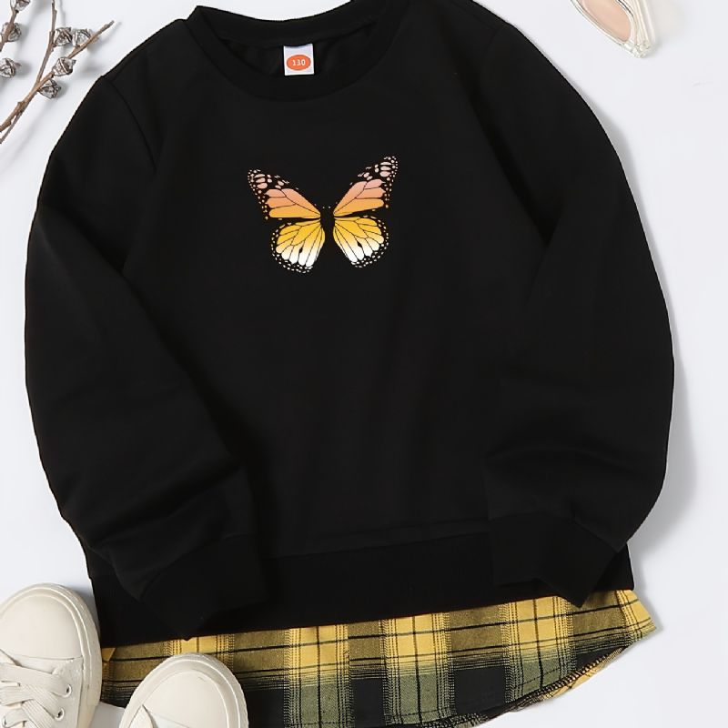 Piger Pullover Butterfly Print Rundhals Langærmet Sweatshirt Plaid Patchwork