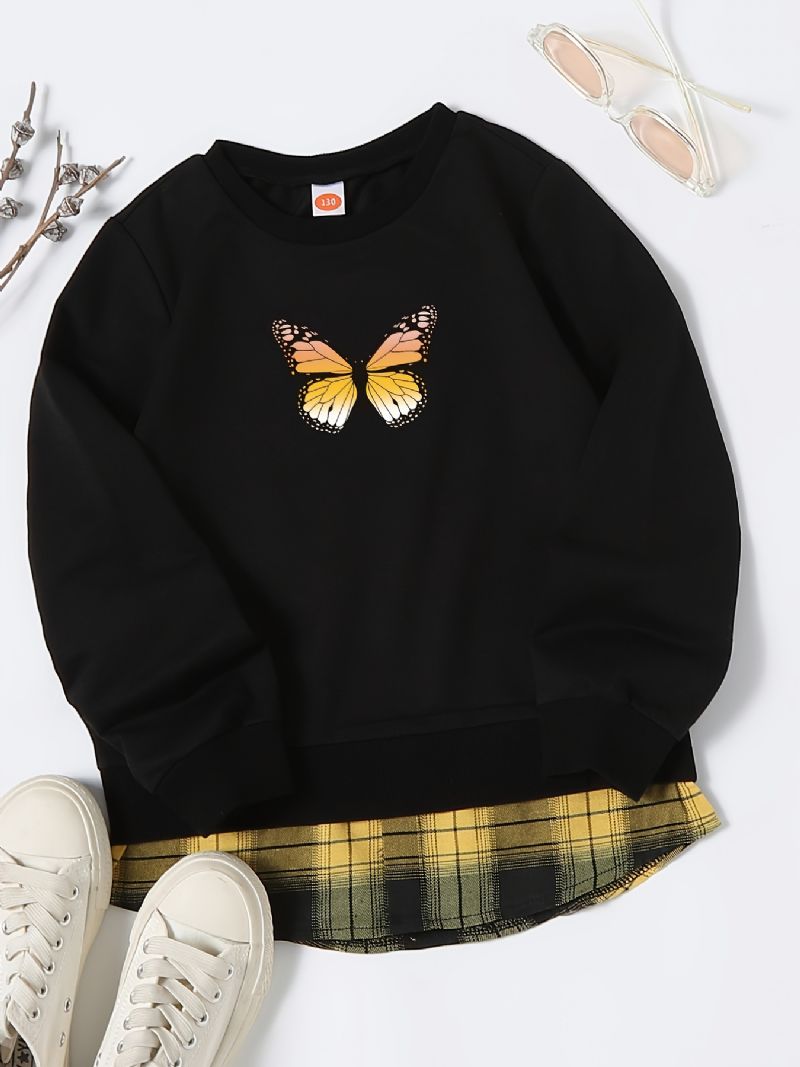 Piger Pullover Butterfly Print Rundhals Langærmet Sweatshirt Plaid Patchwork