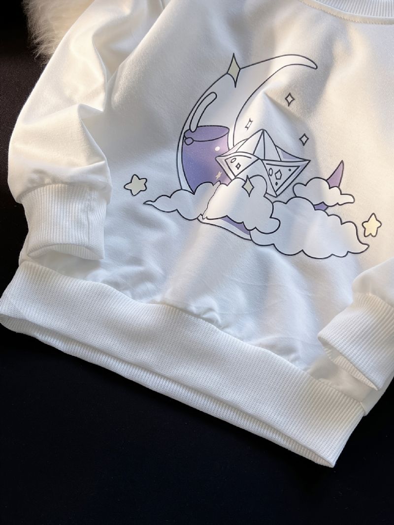 Piger Pullover Cute Clouds Moon Print Langærmet Sweatshirt Overdele Børnetøj