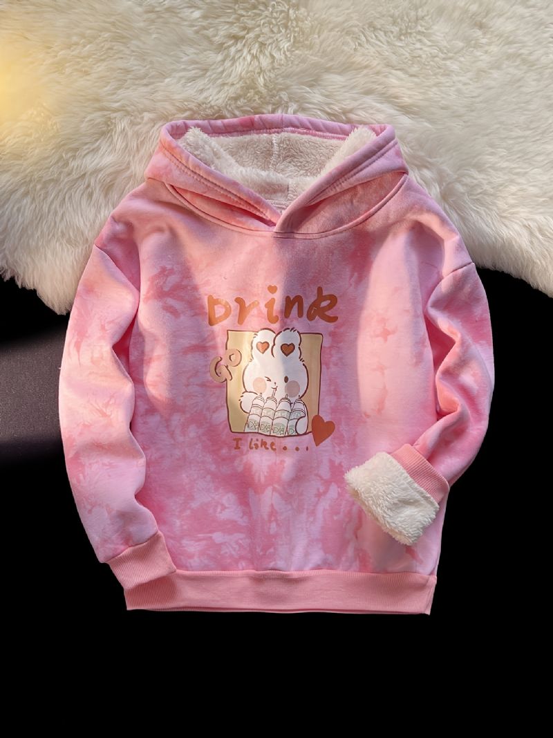 Piger Tie Dye Hættetrøje Tegneserie Kanintryk Langærmet Plys Fortykket Varm Trøje Sweatshirt Vinter Børnetøj