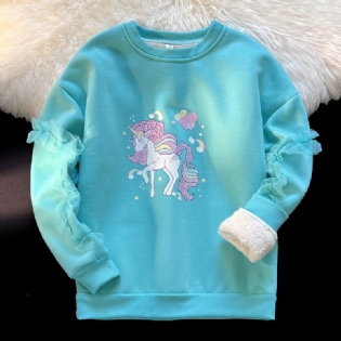 Piger Unicorn Print Fleece Fortykkelse Varm Pullover Rundhals Blondesting Langærmet Sweatshirt Efterår Vinter