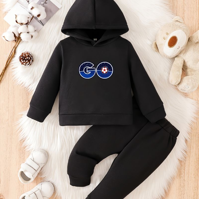 Toddler Baby Go Print Fleece Varm Hættetrøje Sweatshirt Bukser Sæt Til Drenge Piger Efterår Vinter
