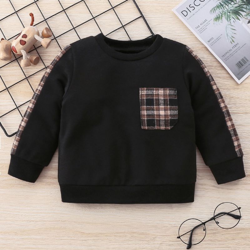 Toddler Drenge Rund Neck Contrast Gingham Langærmet Sweatshirt