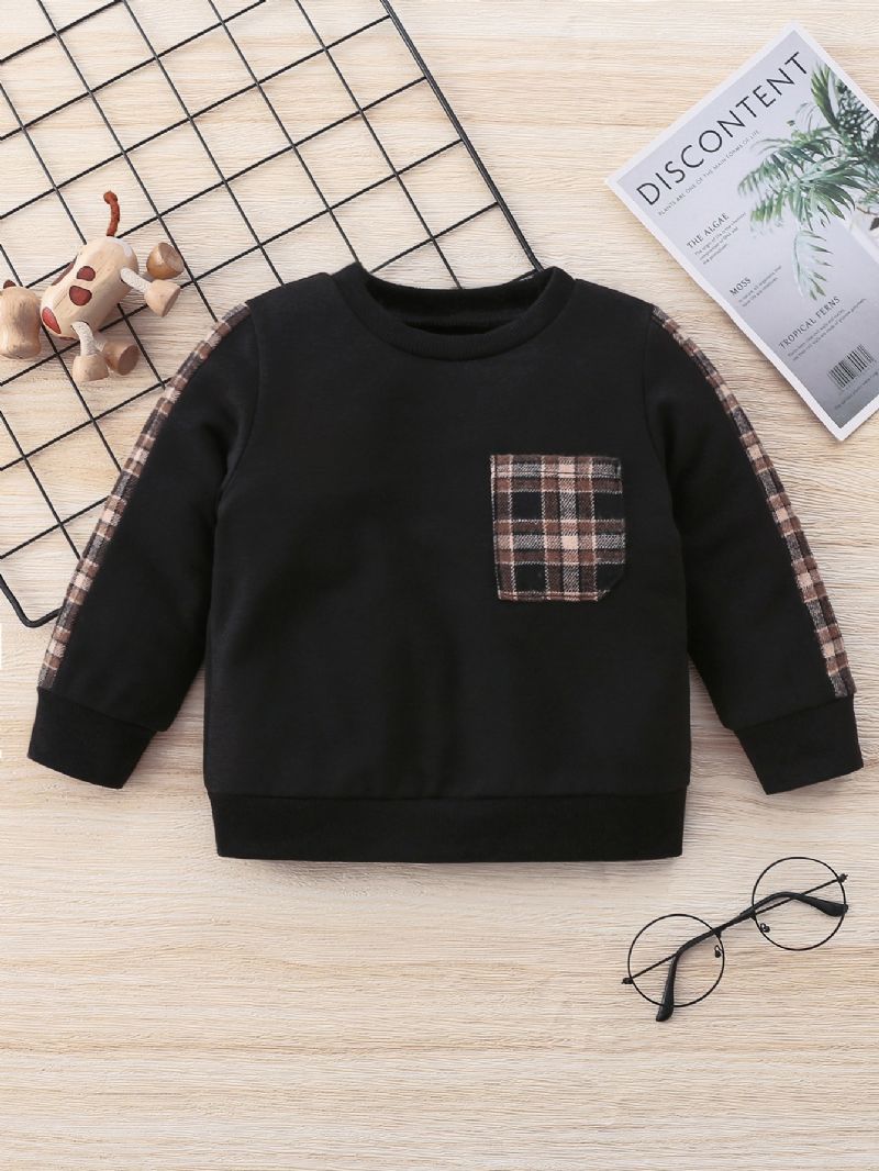 Toddler Drenge Rund Neck Contrast Gingham Langærmet Sweatshirt