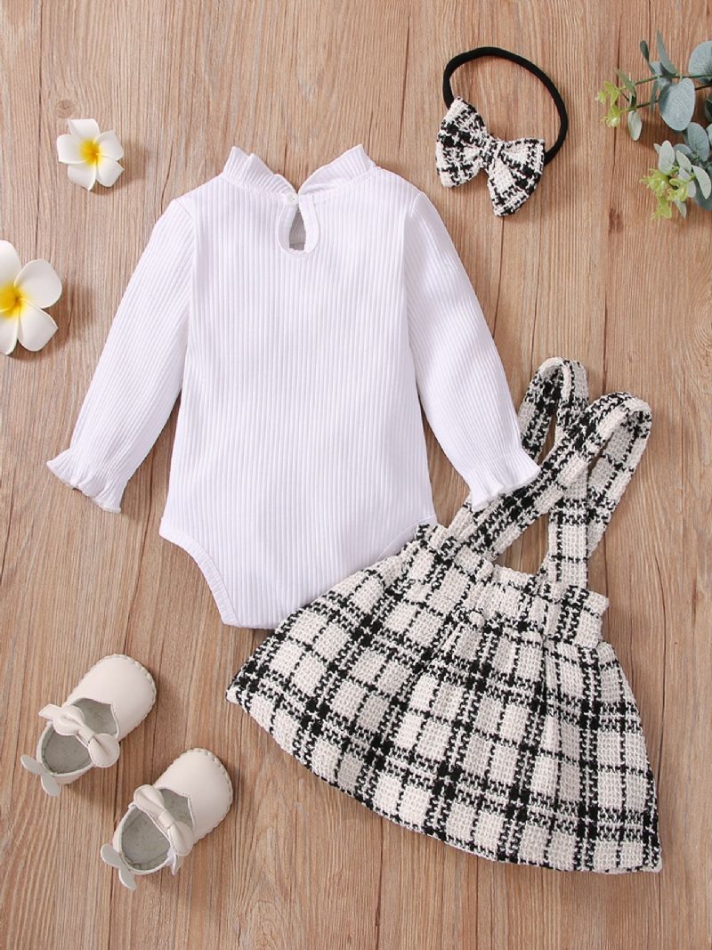 3 Stk Efterår Vinter Piger Casual Ensfarvet Flæsebluse Top Vævet Plaid Suspender Nederdeldragt + Pandebånd