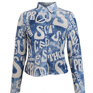 Damebluse Kvinder Y2k Vintage Button Down Skjorte Brevtryk Revers Langærmet Bluse Toppe Mode E-piger Streetwear