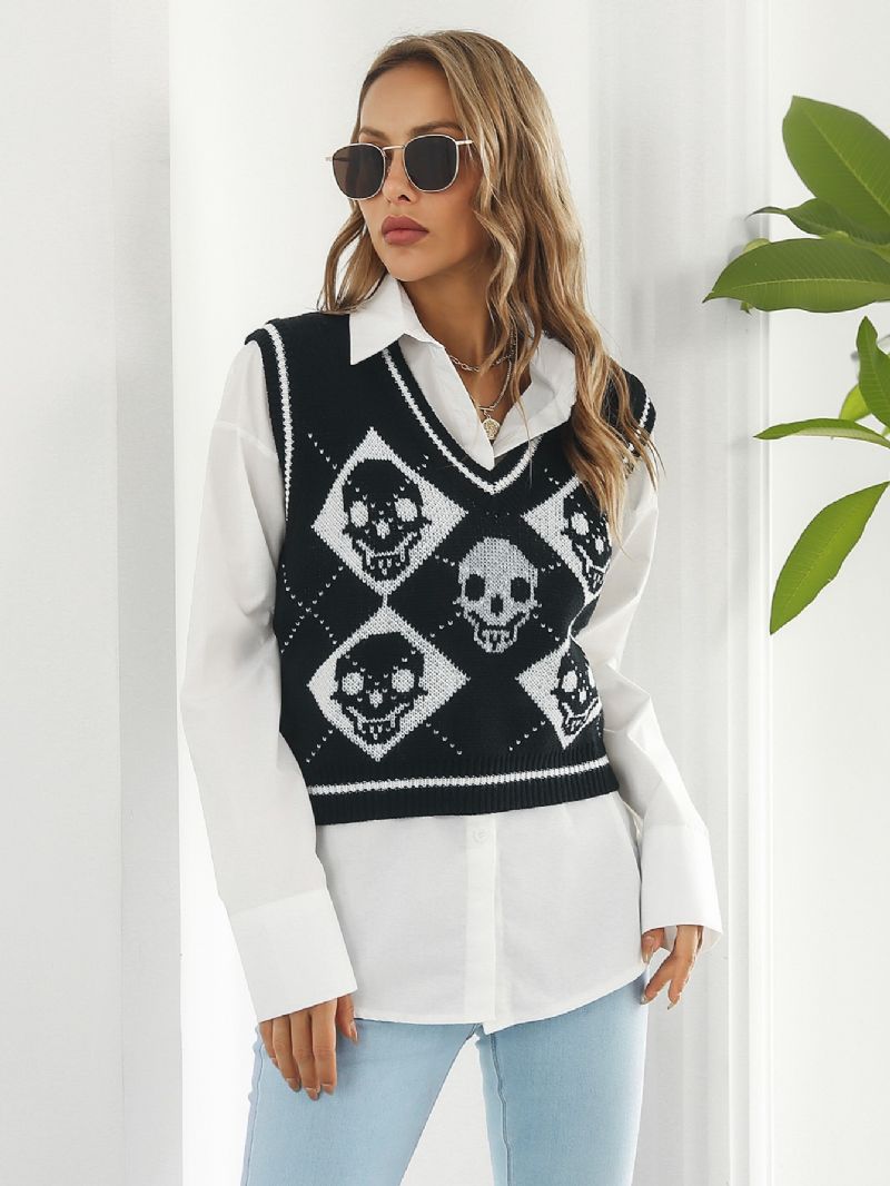 Dametrøjer Y2k Halloween Skull Jacquard Argyle Tanktrøje Småbørnspiger Western Hem Strikbluse