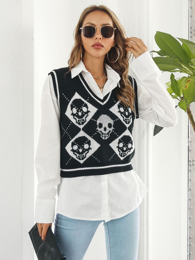 Dametrøjer Y2k Halloween Skull Jacquard Argyle Tanktrøje Småbørnspiger Western Hem Strikbluse