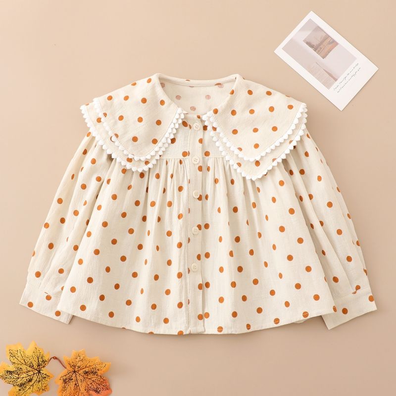 Piger Polka Dots Flæsekant Lanterne Langærmet Collared Bluse