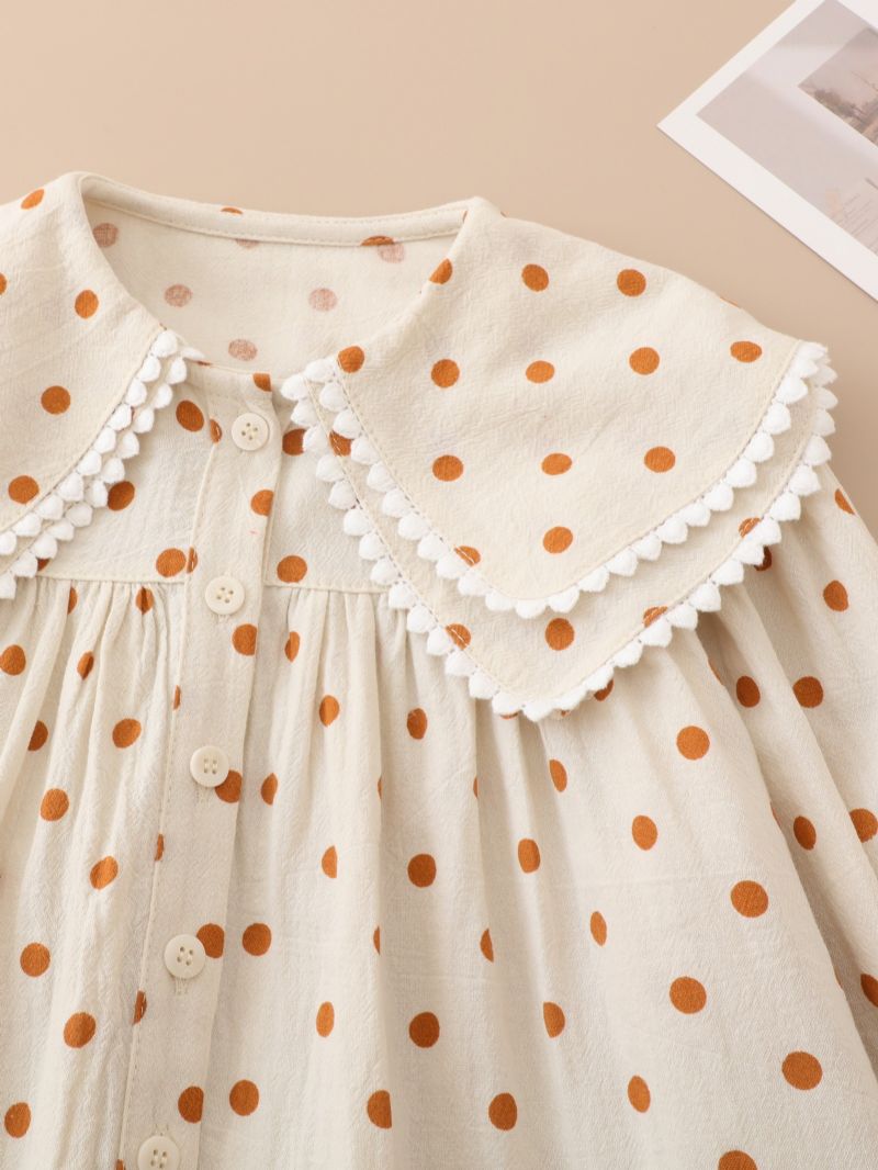 Piger Polka Dots Flæsekant Lanterne Langærmet Collared Bluse