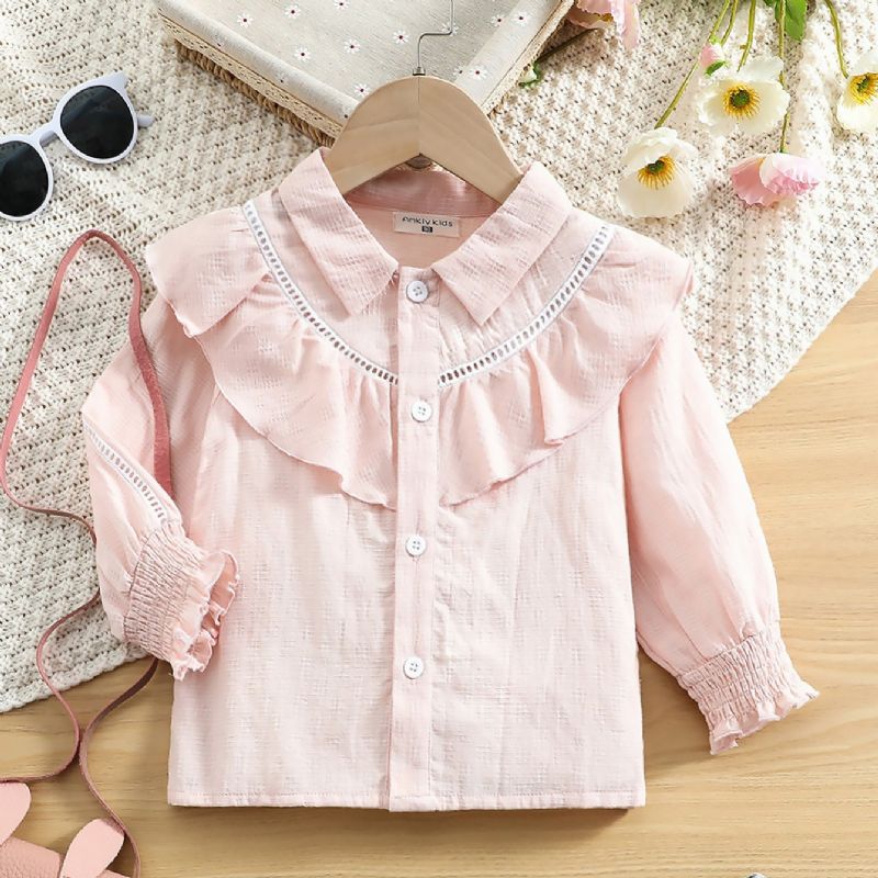 Toddler Piger Broderi Flæse Trim Button Up Bluse