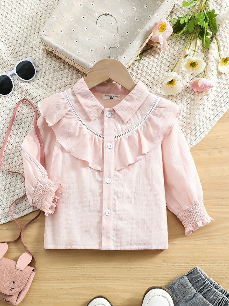 Toddler Piger Broderi Flæse Trim Button Up Bluse