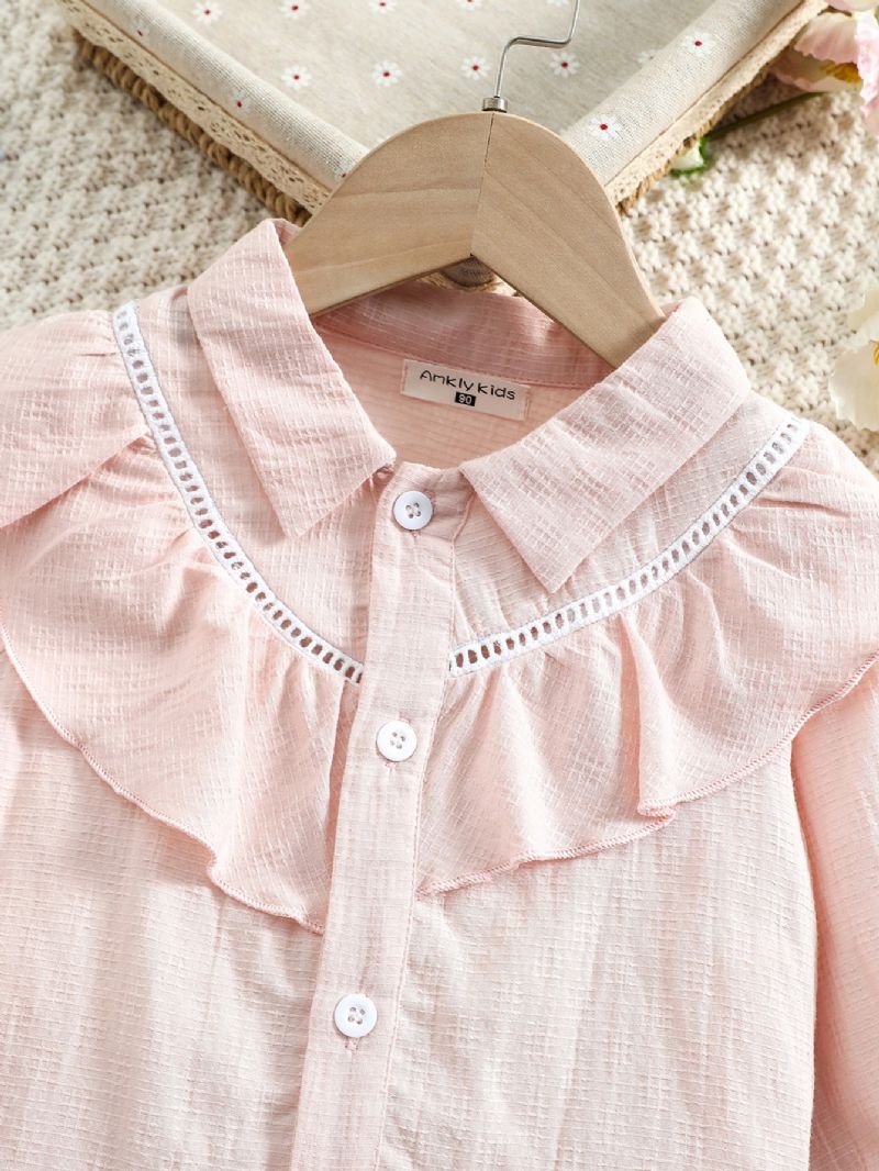 Toddler Piger Broderi Flæse Trim Button Up Bluse