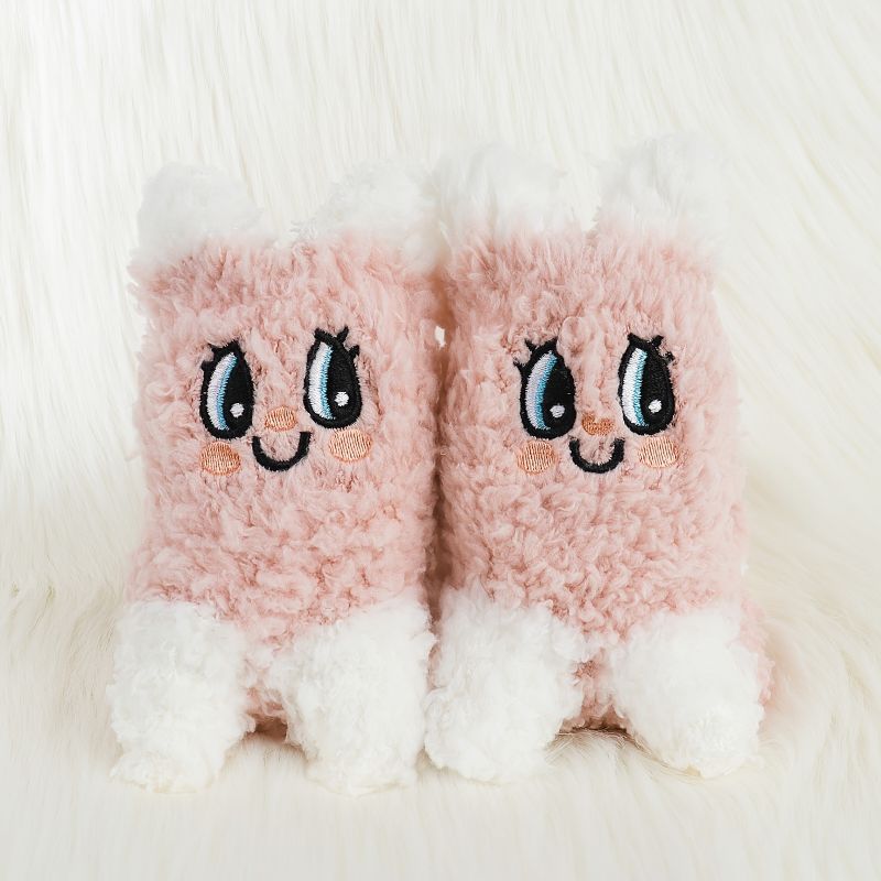 1 Par Børn Piger Pink Coral Fleece Varme Sokker Tegnefilm Hvidt Øre