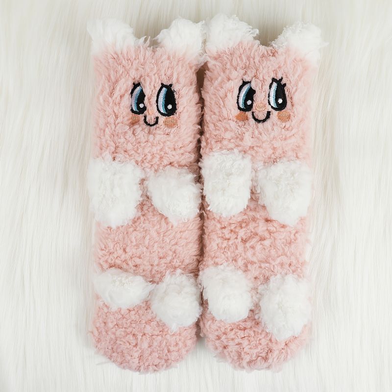 1 Par Børn Piger Pink Coral Fleece Varme Sokker Tegnefilm Hvidt Øre