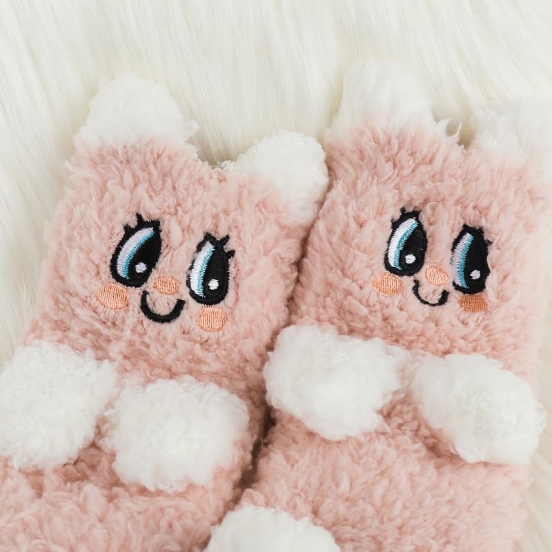 1 Par Børn Piger Pink Coral Fleece Varme Sokker Tegnefilm Hvidt Øre