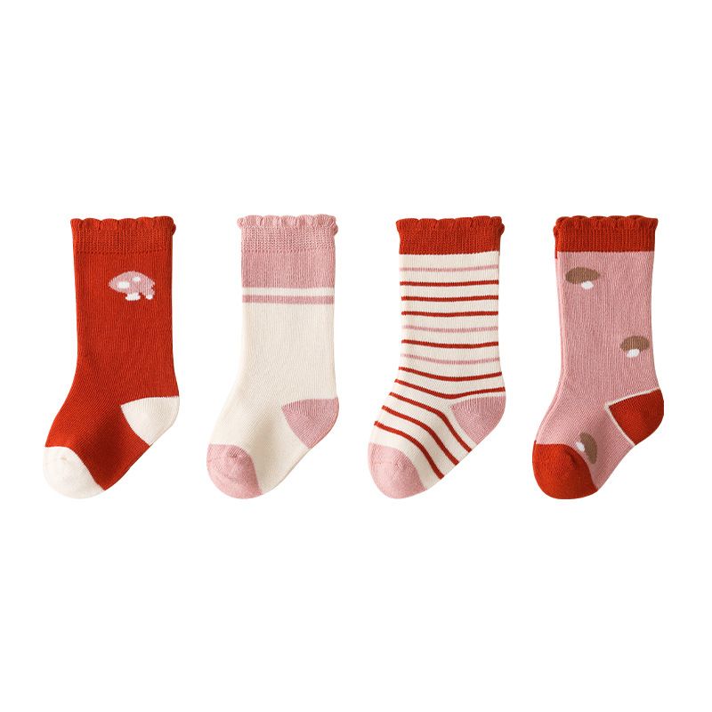 4 Par Babysokker 6-12 Måneder 1-6 År Gamle Unisex Småbørn Stribeprint Farvematchende Nyfødte Børn Gulvsokker Børns Mellemrørsokker