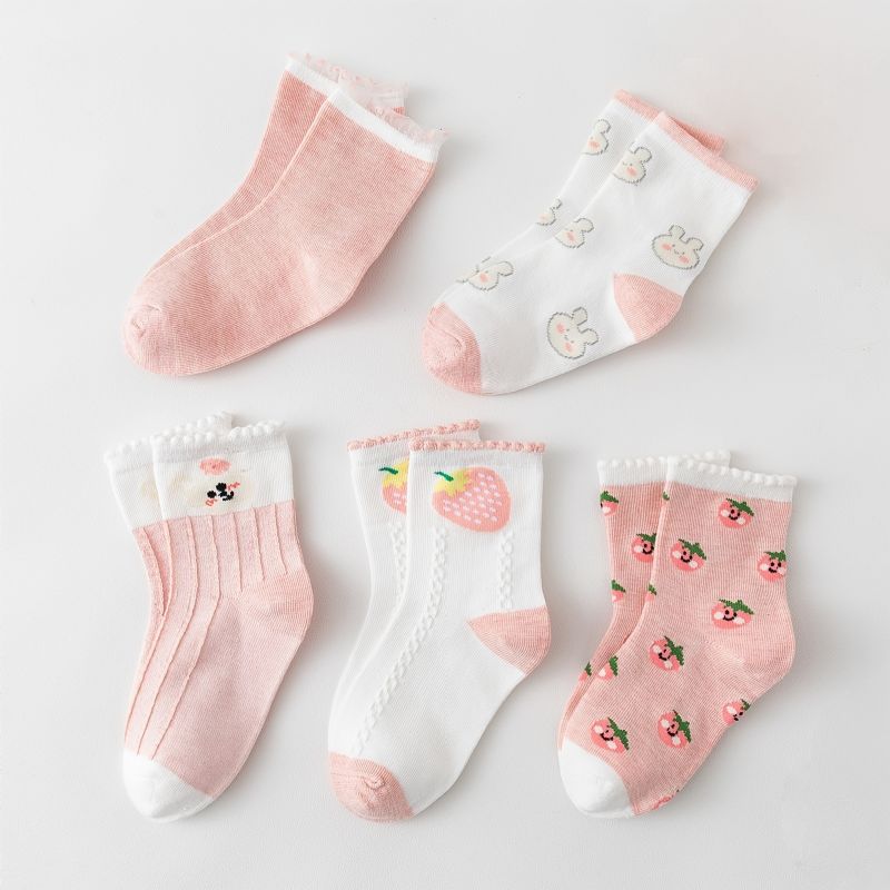 5 Par Baby Pige Sokker Tegneserie Bunny Strawberry Mønster Bomuld Crew Varm Vinter