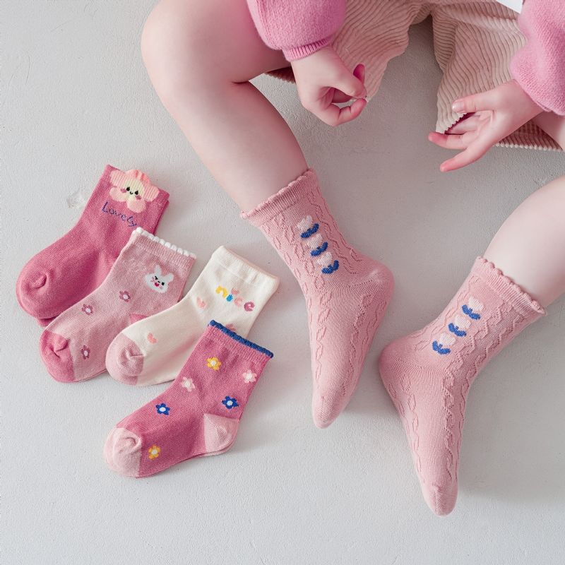 5 Par Babysokker Blomster Tegneserie Bunny Grafiske Bomuldsstrømper Til Piger
