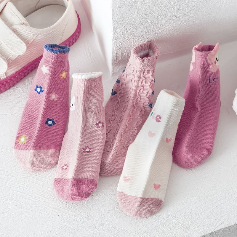 5 Par Babysokker Blomster Tegneserie Bunny Grafiske Bomuldsstrømper Til Piger