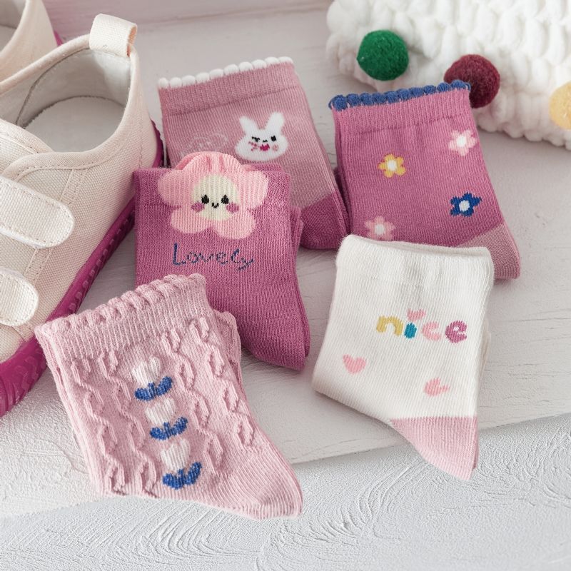 5 Par Babysokker Blomster Tegneserie Bunny Grafiske Bomuldsstrømper Til Piger
