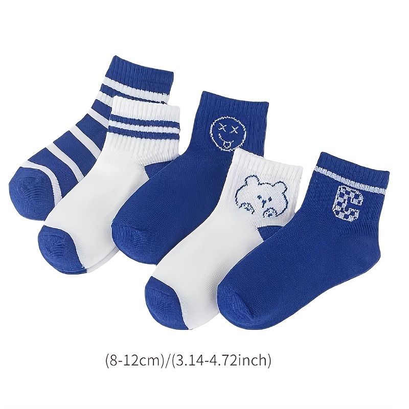 5 Par Børnestrømper Blue Bear Stribet Brev Bomuld Crew Sokker Baby Drenge Piger