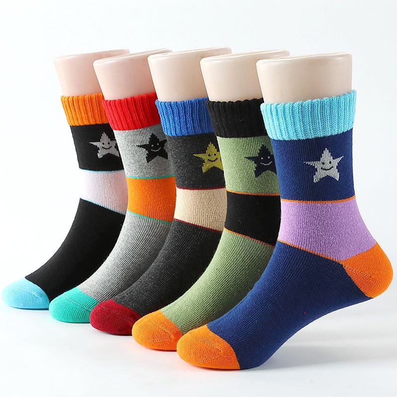 5 Par Børnestrømper Color Block Bomuld Crew Sokker Varme Vinterpiger Drenge