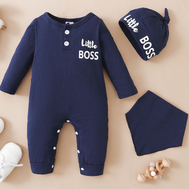 Baby Drenge Little Boss Langærmet Jumpsuit Hagesmæk & Hatte Sæt