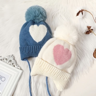 Børn Baby Hjerte Print Beanie Strikket Hue Med Pom Pom Ører Varm Vinter Piger Drenge