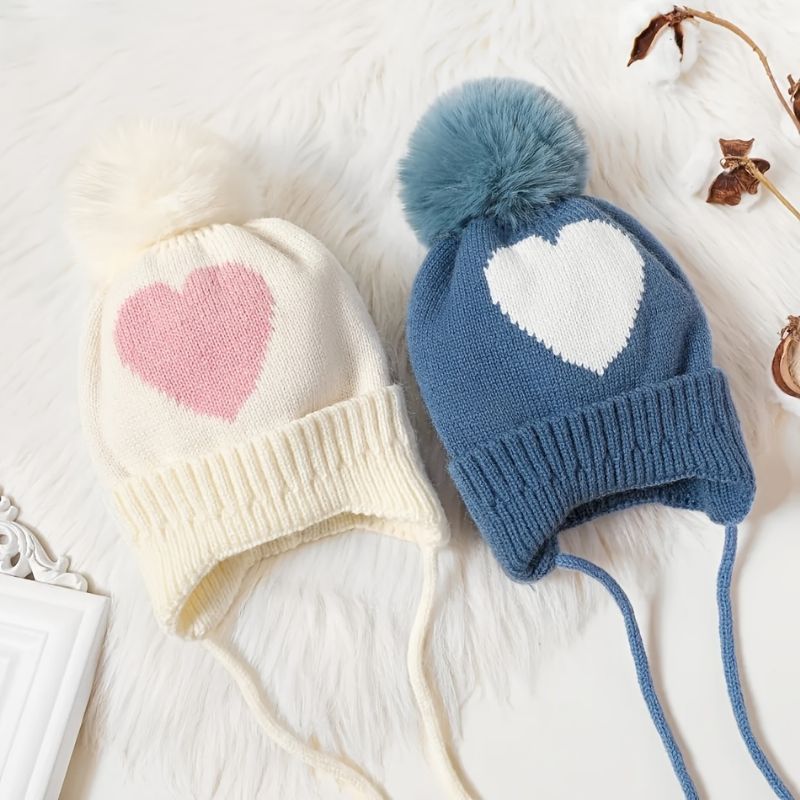 Børn Baby Hjerte Print Beanie Strikket Hue Med Pom Pom Ører Varm Vinter Piger Drenge