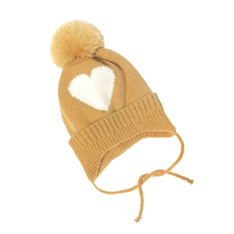 Børn Baby Hjerte Print Beanie Strikket Hue Med Pom Pom Ører Varm Vinter Piger Drenge