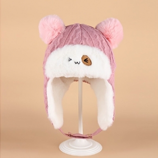 Børne Tegneserie Bjørn Strikket Hue Fleece Varm Med Pom Pom Dekor Ørebeskyttelseshætte Vinter Til Baby Drenge Piger