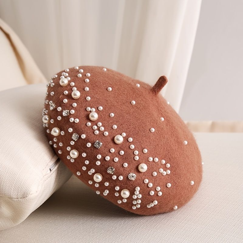 Faux Pearl Rhinestone Baret Vinter Termisk Udendørs Mode Casual Style Hatte Til Kvinder Piger