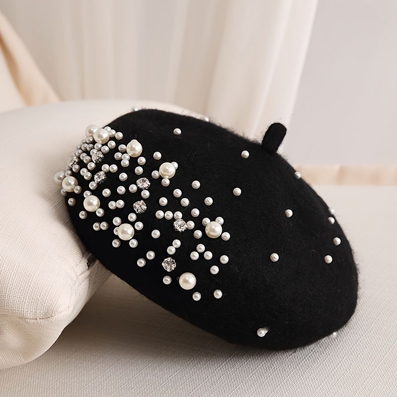 Faux Pearl Rhinestone Baret Vinter Termisk Udendørs Mode Casual Style Hatte Til Kvinder Piger
