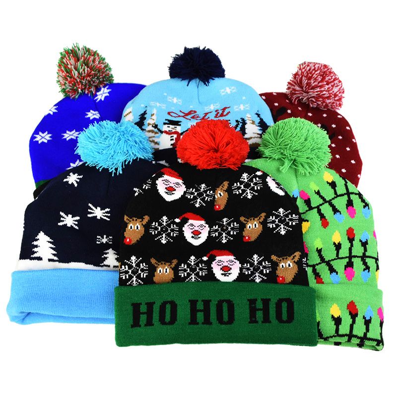 Julehue Strik Led Lys Hatte Til Unisex Børn Vinter Pom Pom Fest Beanie Hue Julegaver Multicolor