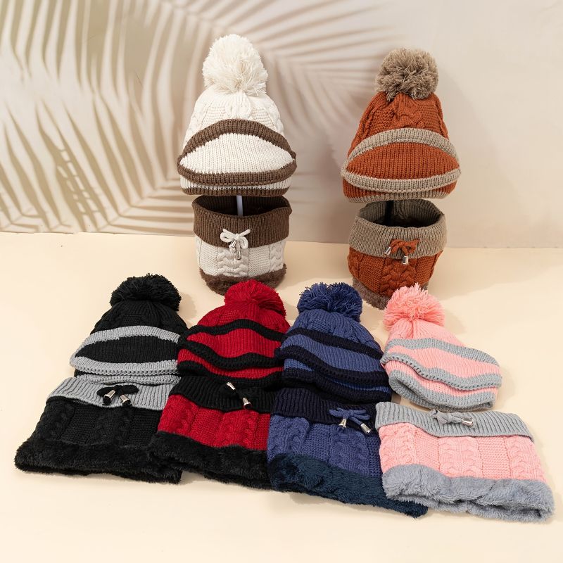 Kid Strik Beanie Hatte Tørklæde Mundbetræk Sæt Fleece Varm Kasket Med Pompom Vinter Til Piger Drenge