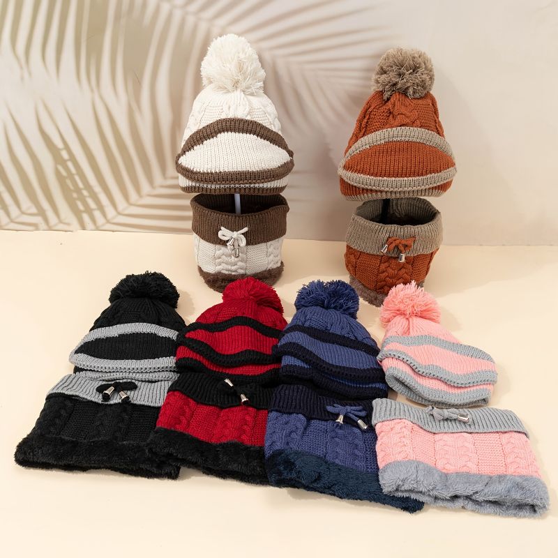 Kid Strik Beanie Hatte Tørklæde Mundbetræk Sæt Fleece Varm Kasket Med Pompom Vinter Til Piger Drenge