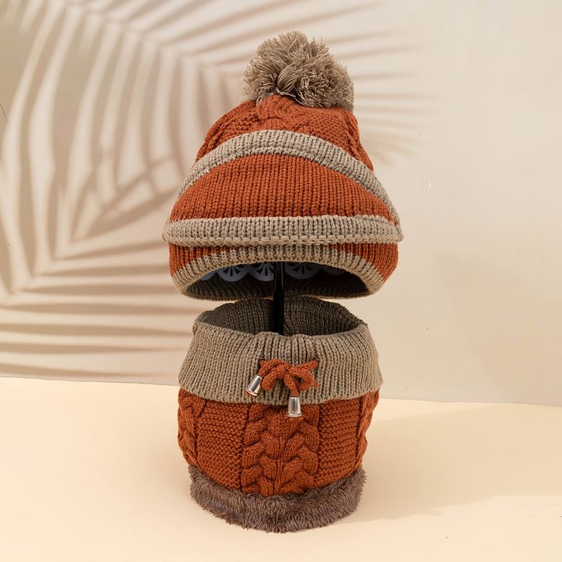 Kid Strik Beanie Hatte Tørklæde Mundbetræk Sæt Fleece Varm Kasket Med Pompom Vinter Til Piger Drenge