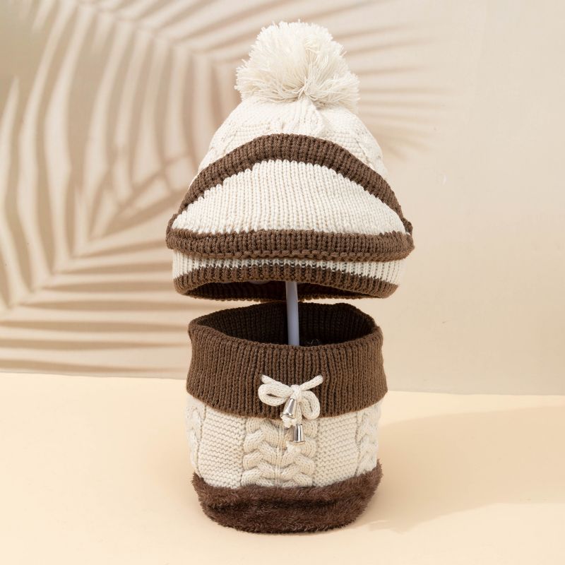 Kid Strik Beanie Hatte Tørklæde Mundbetræk Sæt Fleece Varm Kasket Med Pompom Vinter Til Piger Drenge