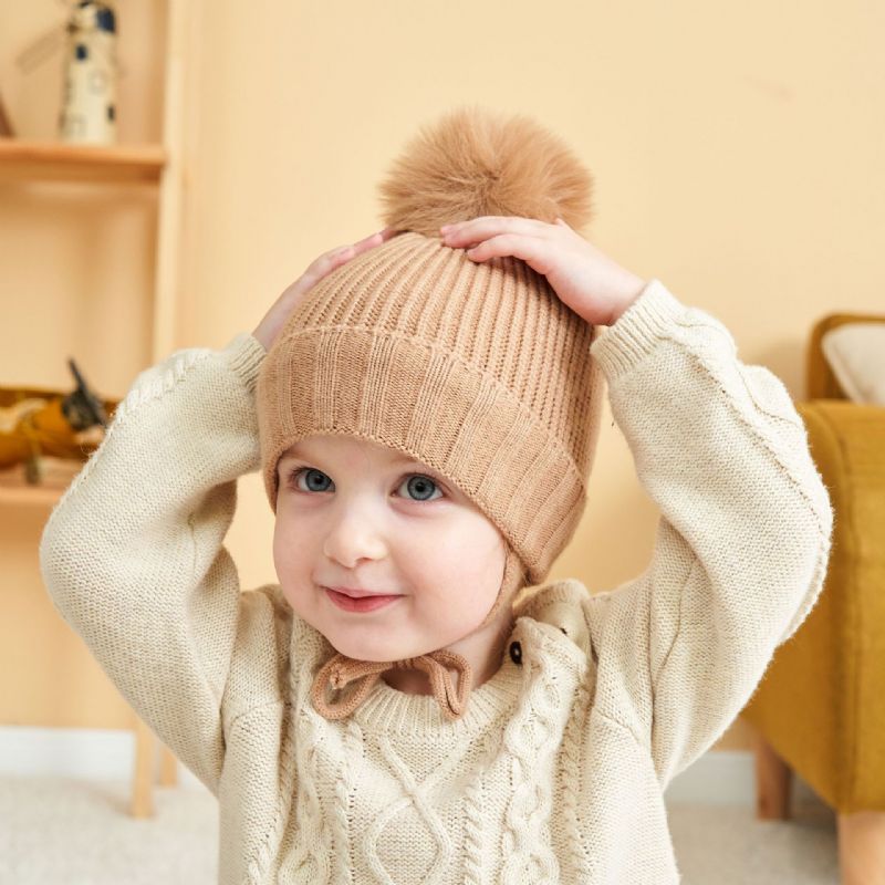 Småbørn Baby Ensfarvet Hue Strikket Hue Med Pom Pom Fortykket Varm Ørebeskyttelseshætte Vinter Til Piger Drenge