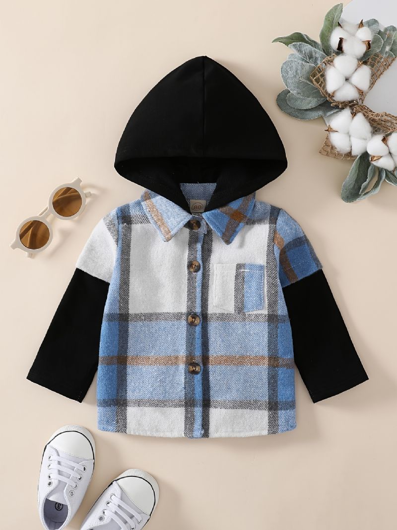 Baby Drenge Hættebluse Splejsning Plaid Langærmet Knap Skjorte Top Børnetøj