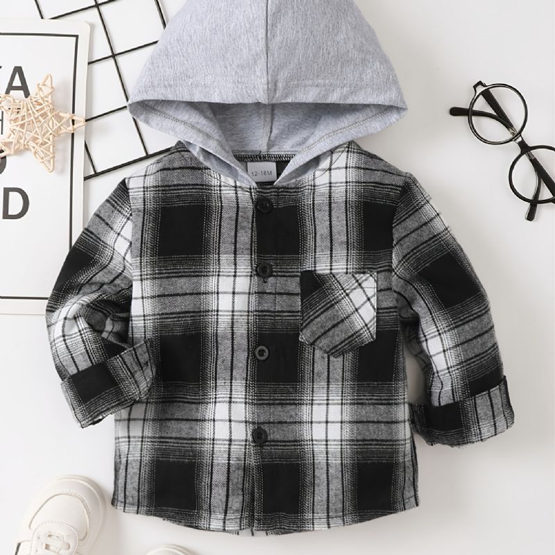 Baby Drenge Plaid Flannel Hættetrøje Langærmet Knapbluse Top Børnetøj