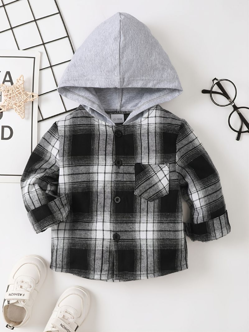 Baby Drenge Plaid Flannel Hættetrøje Langærmet Knapbluse Top Børnetøj