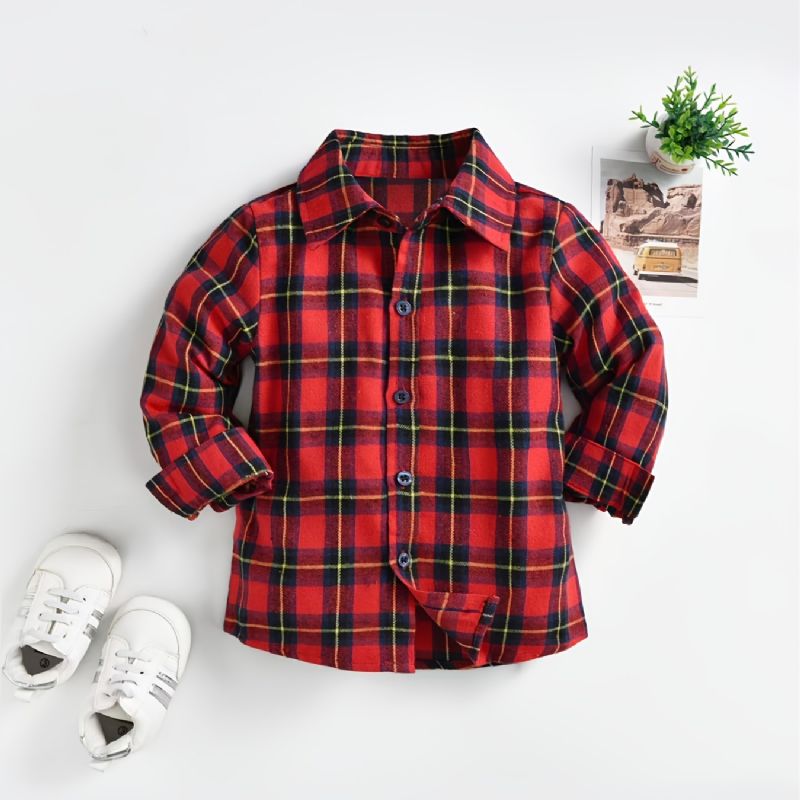 Baby Plaid Skjorter Button Down Langærmede Bluse Toppe Til Drenge Piger Børnetøj